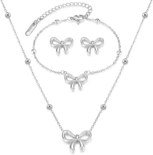 Bow Necklace Earrings Set for Women Bow Jewelry Trendy Rhinestone Bowknot Pendant Necklace Gold Silver Bow Earrings Christmas Gifts for Stocking Stuffers
