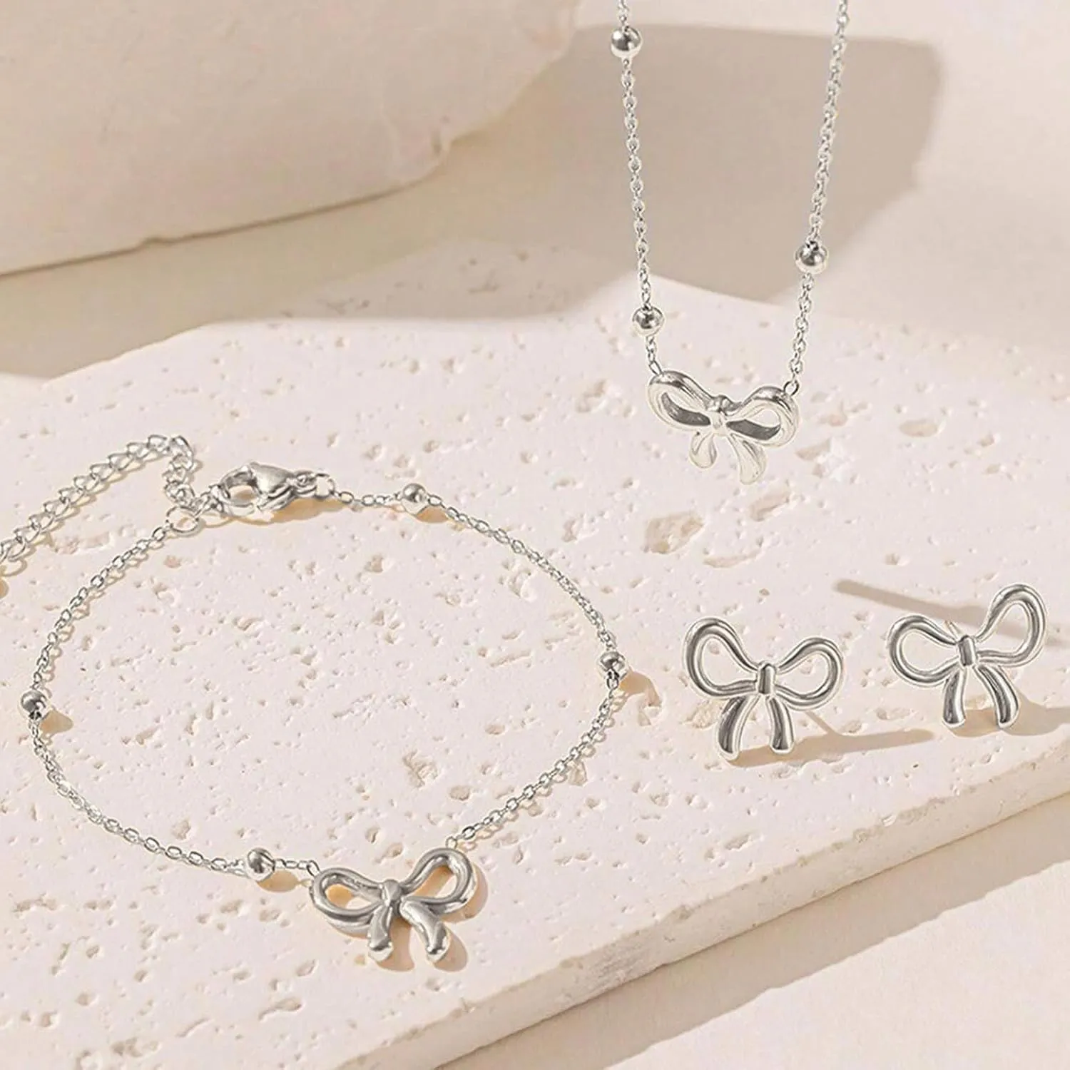 Bow Necklace Earrings Set for Women Bow Jewelry Trendy Rhinestone Bowknot Pendant Necklace Gold Silver Bow Earrings Christmas Gifts for Stocking Stuffers