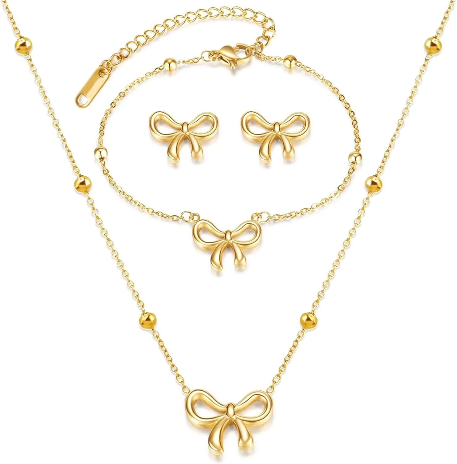 Bow Necklace Earrings Set for Women Bow Jewelry Trendy Rhinestone Bowknot Pendant Necklace Gold Silver Bow Earrings Christmas Gifts for Stocking Stuffers