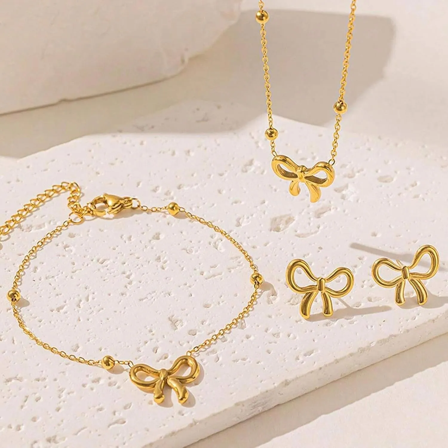 Bow Necklace Earrings Set for Women Bow Jewelry Trendy Rhinestone Bowknot Pendant Necklace Gold Silver Bow Earrings Christmas Gifts for Stocking Stuffers