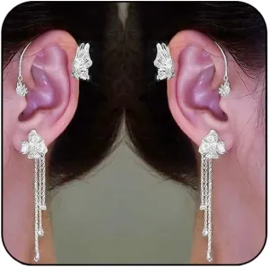 Butterfly Ear Cuffs Earrings Rhinestone Butterfly Flower Ear Wrap No Piercing Tassel Earrings for Women