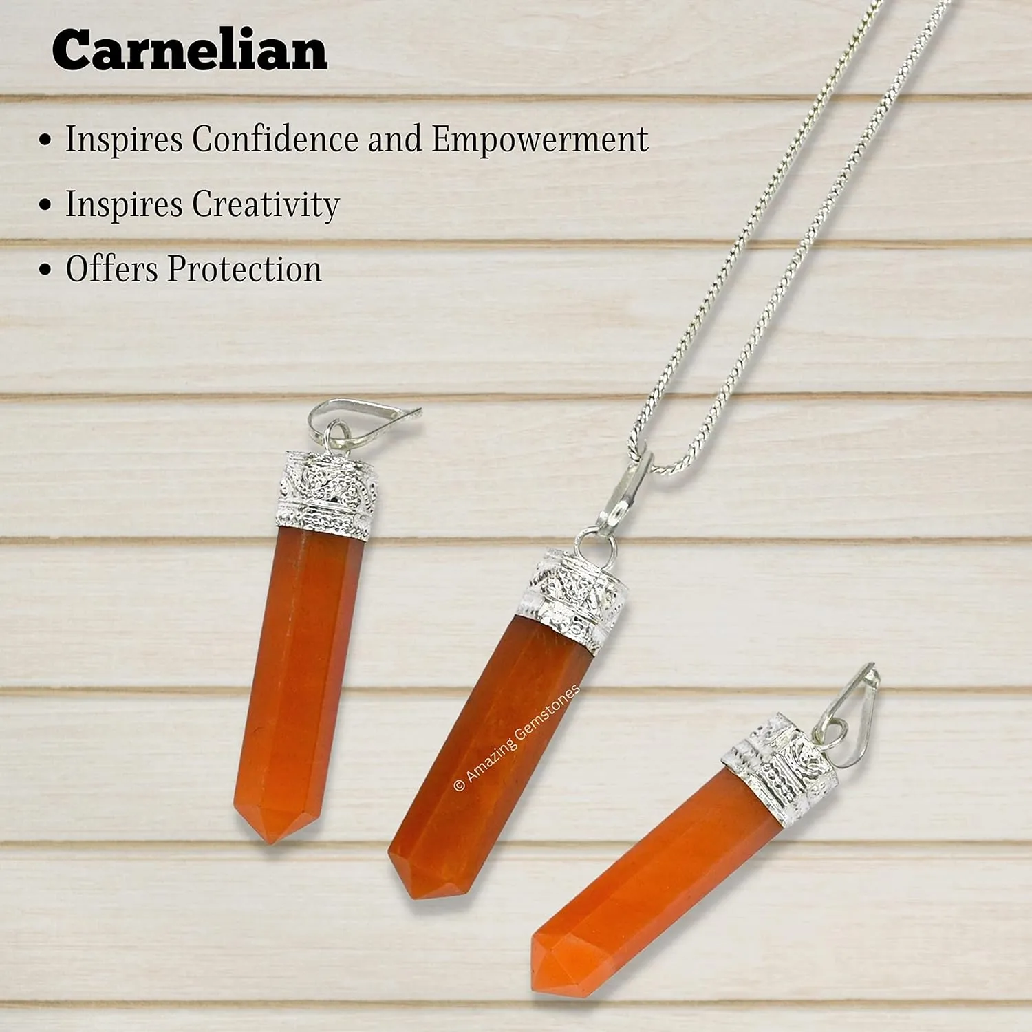 Carnelian Necklace for Women, Real Carnelian Crystal Necklace - Carnelian Silver Cap Pencil Spiritual Healing Crystal Necklace Pendant - Chakra Necklace for Women & Men