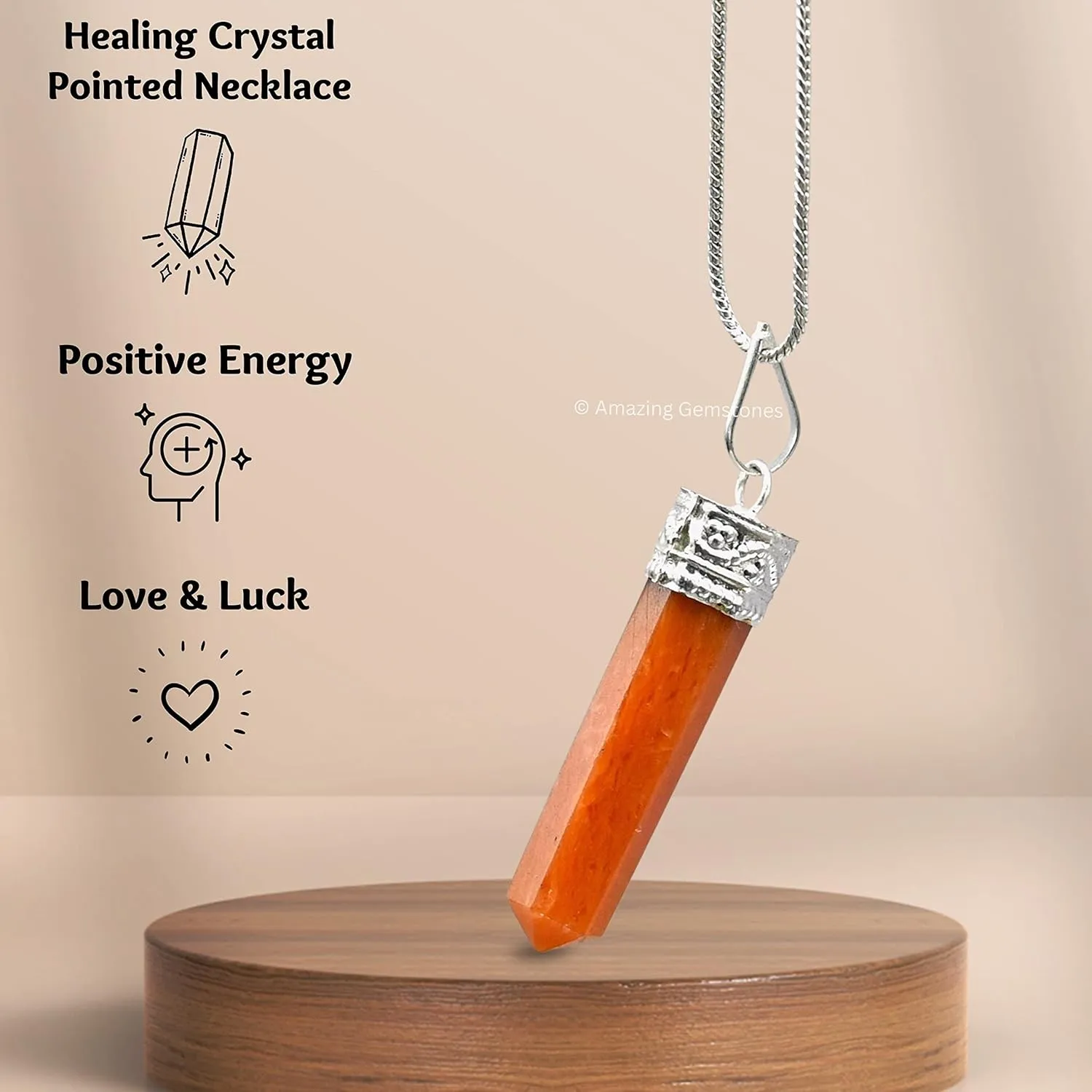 Carnelian Necklace for Women, Real Carnelian Crystal Necklace - Carnelian Silver Cap Pencil Spiritual Healing Crystal Necklace Pendant - Chakra Necklace for Women & Men