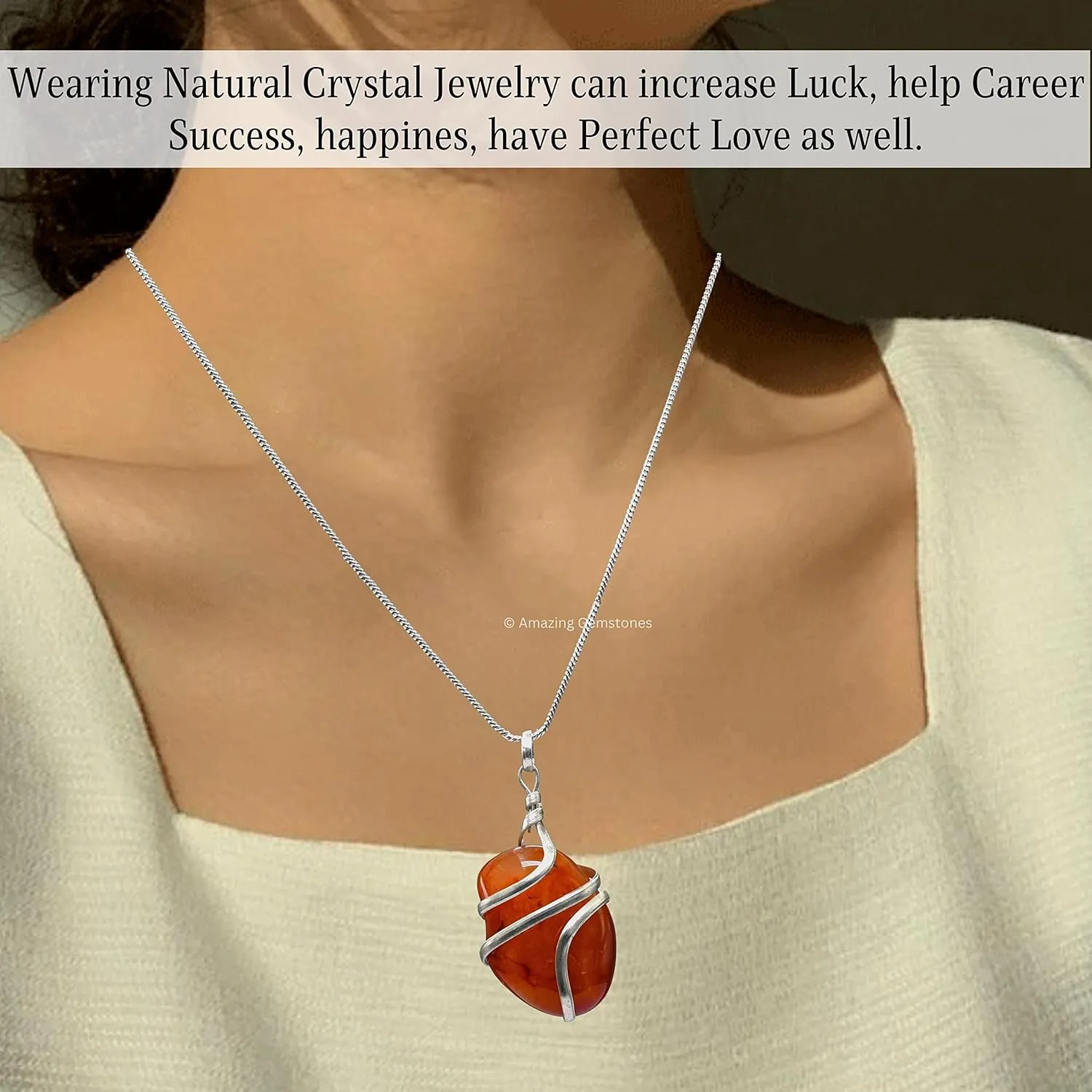 Carnelian Necklace for Women, Real Carnelian Crystal Necklace - Carnelian Silver Spiral Tumble Spiritual Healing Crystal Necklace Pendant - Chakra Necklace for Women & Men