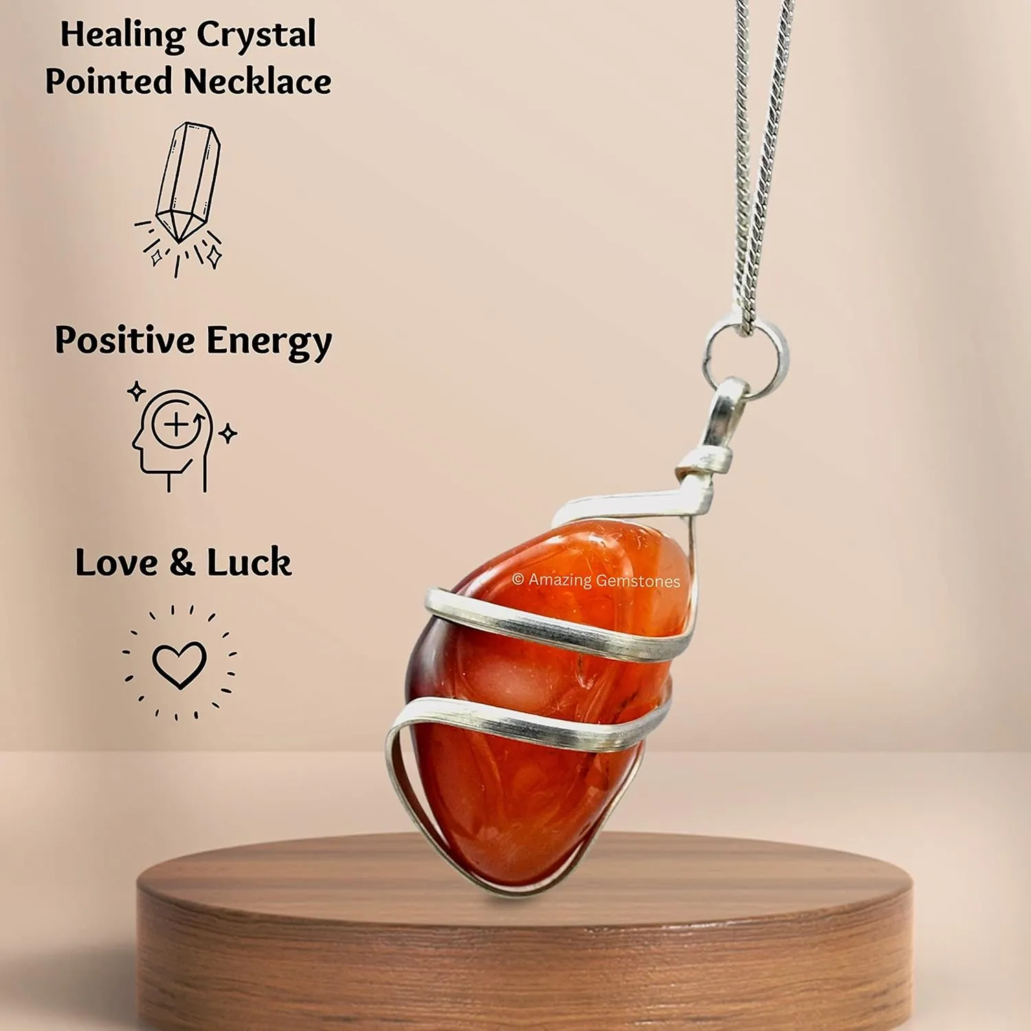 Carnelian Necklace for Women, Real Carnelian Crystal Necklace - Carnelian Silver Spiral Tumble Spiritual Healing Crystal Necklace Pendant - Chakra Necklace for Women & Men