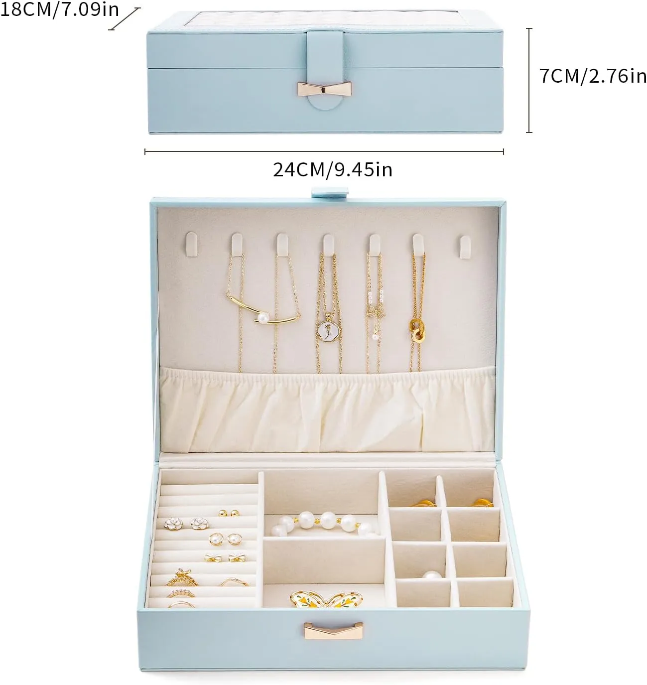 CASEGRACE Jewelry Box Organizer - Large Capacity Leather Jewelry Box for Necklaces Earrings Rings Bracelets, Jewelry Display Case for Women, Blue