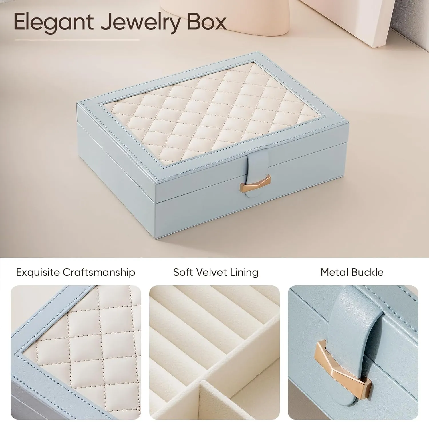 CASEGRACE Jewelry Box Organizer - Large Capacity Leather Jewelry Box for Necklaces Earrings Rings Bracelets, Jewelry Display Case for Women, Blue