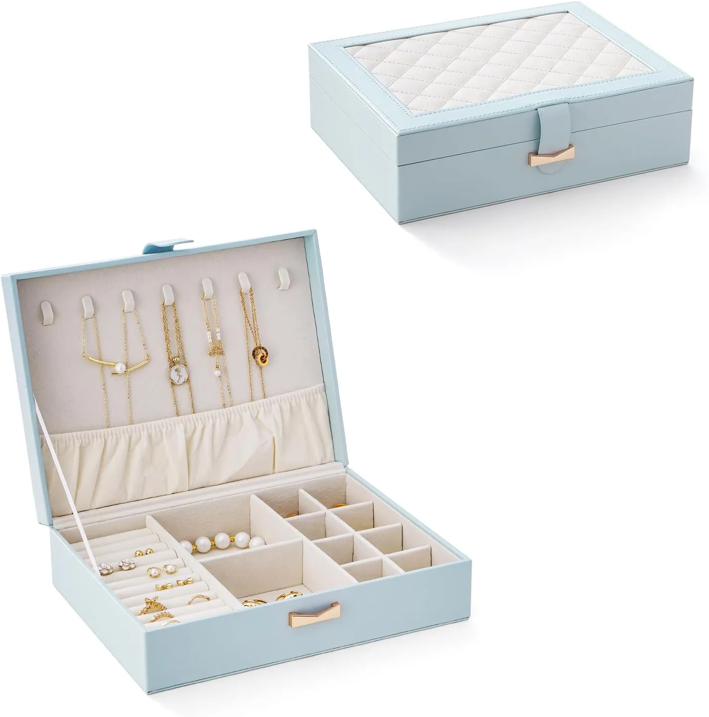 CASEGRACE Jewelry Box Organizer - Large Capacity Leather Jewelry Box for Necklaces Earrings Rings Bracelets, Jewelry Display Case for Women, Blue