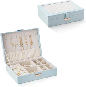 CASEGRACE Jewelry Box Organizer - Large Capacity Leather Jewelry Box for Necklaces Earrings Rings Bracelets, Jewelry Display Case for Women, Blue