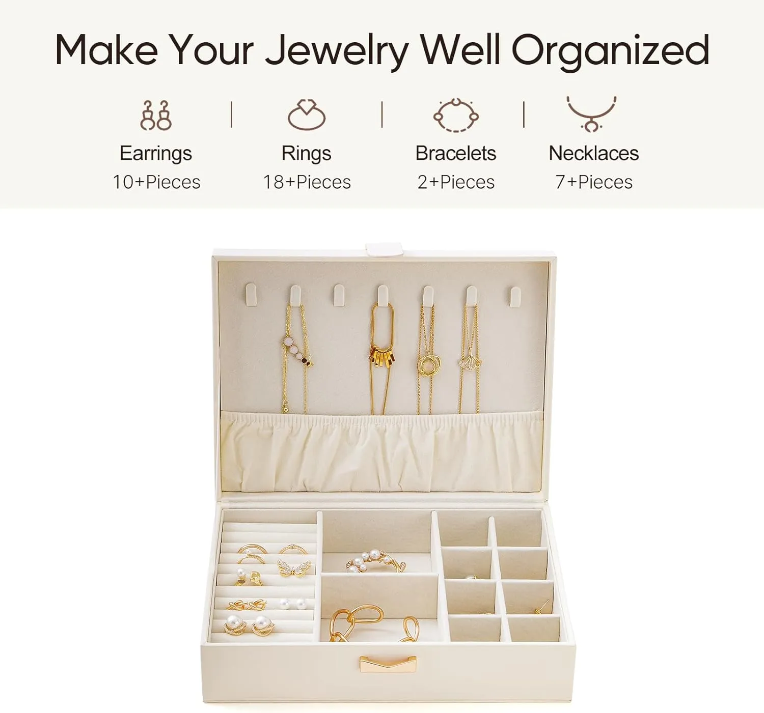 CASEGRACE Jewelry Box Organizer - Large Capacity Leather Jewelry Box for Necklaces Earrings Rings Bracelets, Jewelry Display Case for Women Girls, White