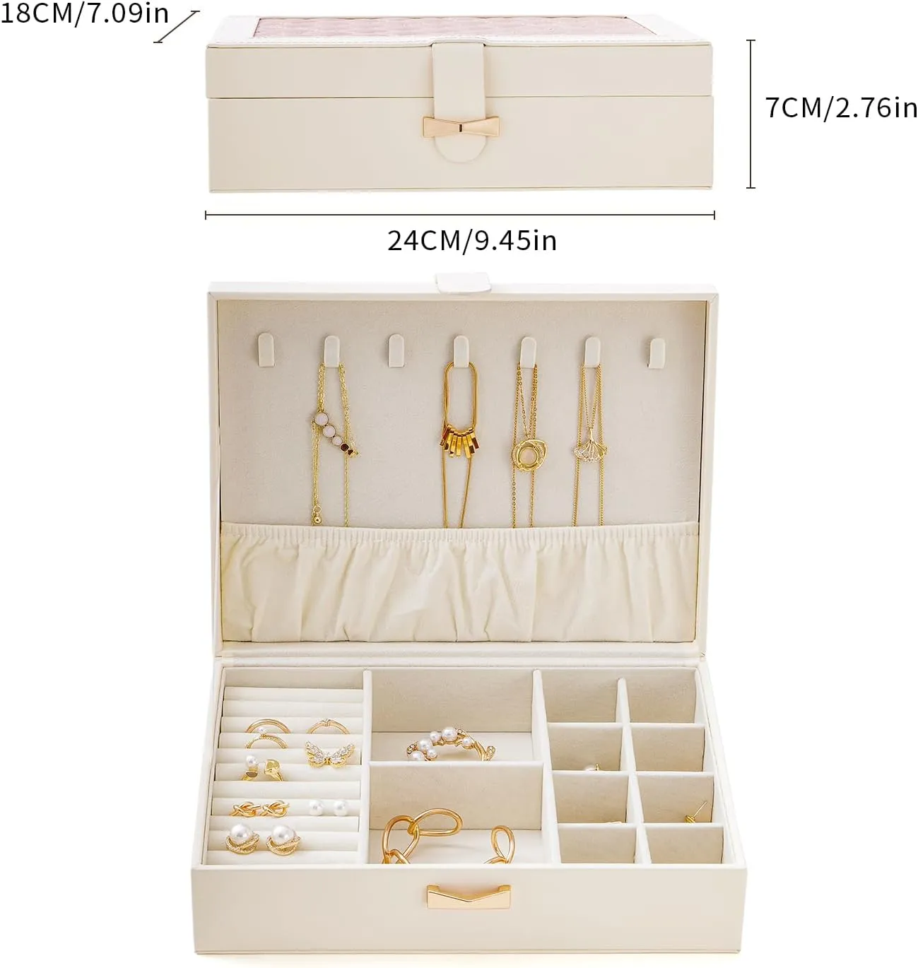 CASEGRACE Jewelry Box Organizer - Large Capacity Leather Jewelry Box for Necklaces Earrings Rings Bracelets, Jewelry Display Case for Women Girls, White