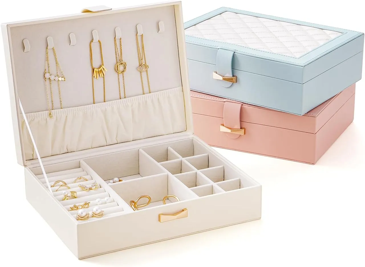 CASEGRACE Jewelry Box Organizer - Large Capacity Leather Jewelry Box for Necklaces Earrings Rings Bracelets, Jewelry Display Case for Women Girls, White
