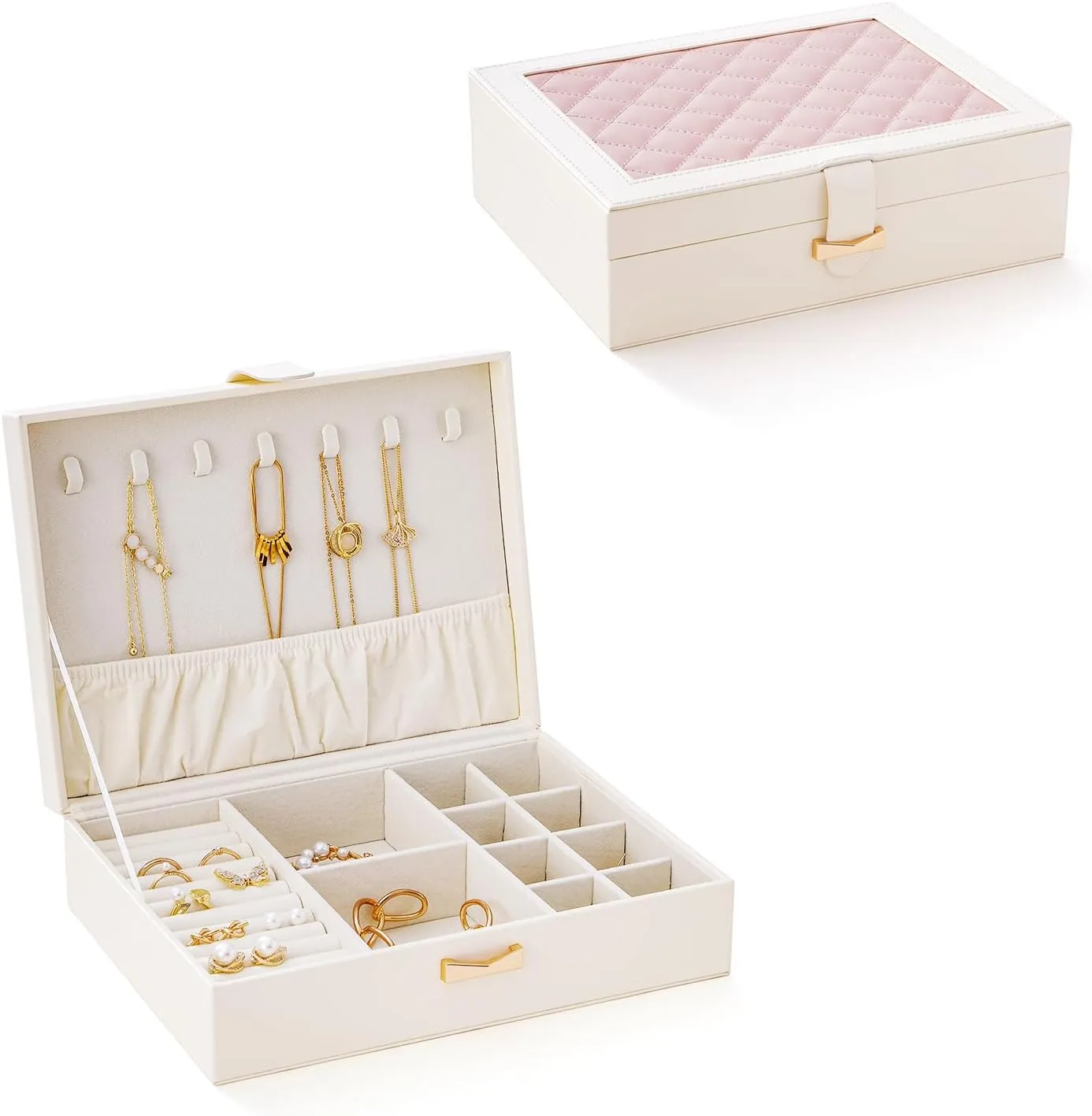 CASEGRACE Jewelry Box Organizer - Large Capacity Leather Jewelry Box for Necklaces Earrings Rings Bracelets, Jewelry Display Case for Women Girls, White