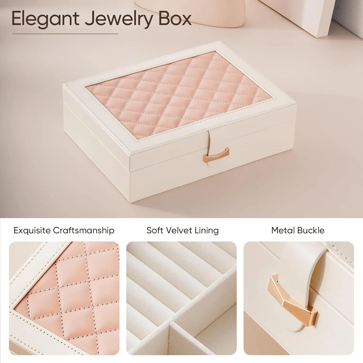 CASEGRACE Jewelry Box Organizer - Large Capacity Leather Jewelry Box for Necklaces Earrings Rings Bracelets, Jewelry Display Case for Women Girls, White