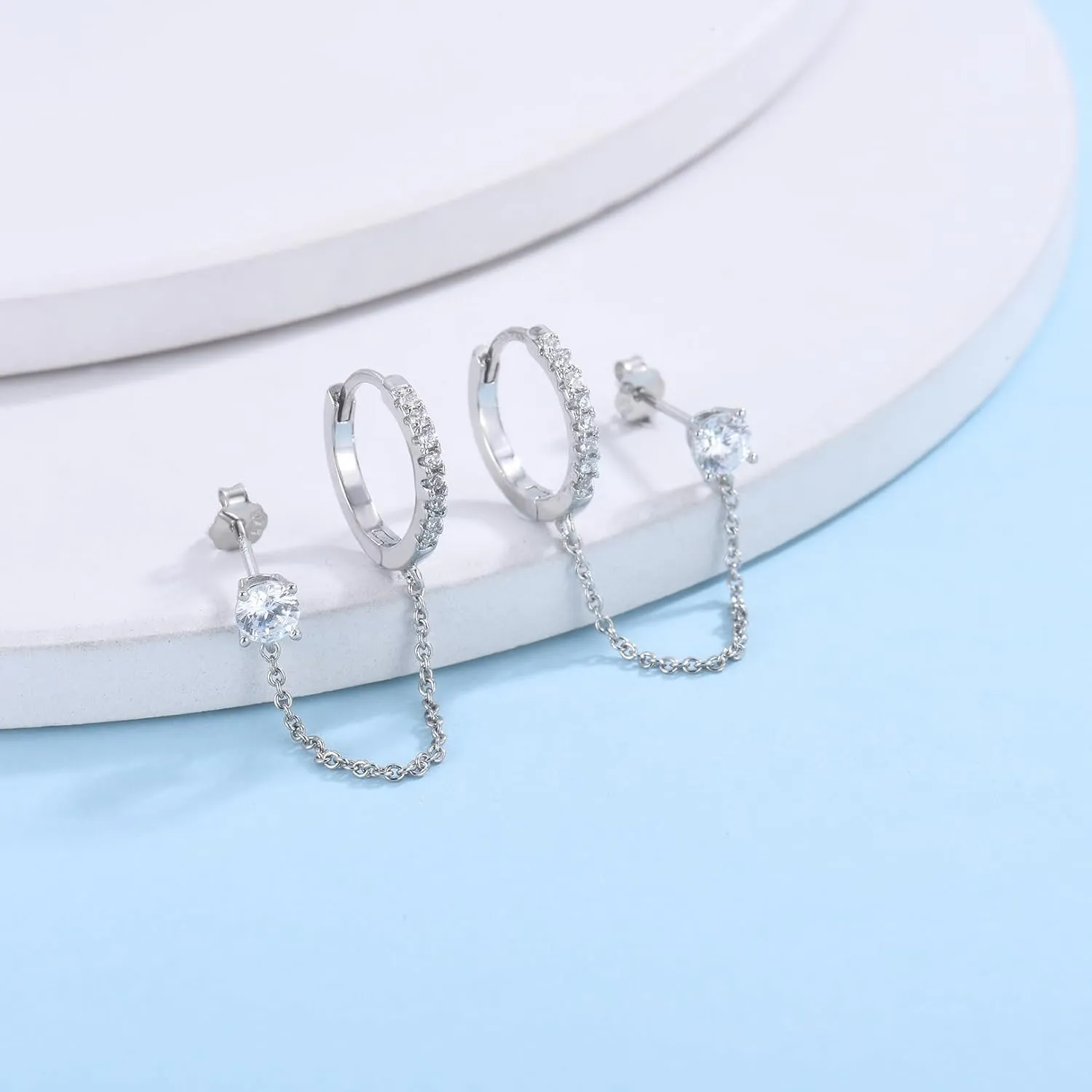 CERSLIMO Small Huggie Hoop Earrings for Women, 14K Gold Plated Sterling Silver Post Chain Hoops Hypoallergenic Dangle Drop Earrings