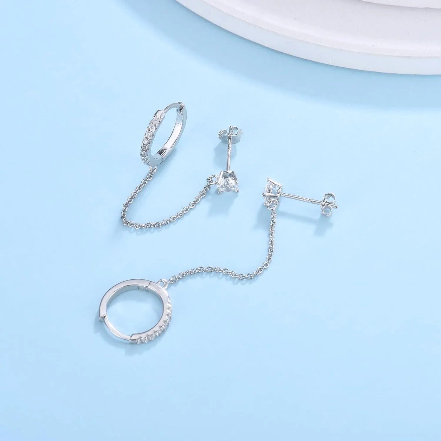 CERSLIMO Small Huggie Hoop Earrings for Women, 14K Gold Plated Sterling Silver Post Chain Hoops Hypoallergenic Dangle Drop Earrings