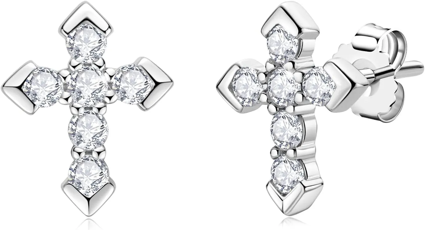 Certified Moissanite Earrings for Men, Lab Imitation Diamond Created Earring Unisex, 925 Sterling Silver Hypoallergenic Stud Earingings for Sensitive Ears, Asscher Cut/Cross Jewelry Gifts for Father Boyfriend Husband