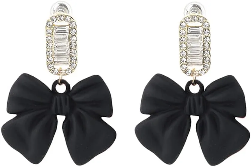 Channel V Ribbon Bow Dangle Earrings Rhinestone Matte Black Red Vintage Earrings Luxury Square Crystal Jewelry Bow Tie Sparkly Party Sweet Wedding Bride Earrings Women