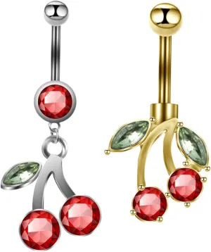 Cherry Belly Button Rings Set Dangle Cherry Jewelry Sturdy Metal Navel Rings for Women Unique Fruit Design Fashion Accessory