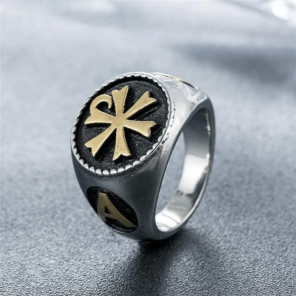 Chi-rho Ring XP Christos Titanium Steel Constantine Catholic Church Sign Siget Size 7-13