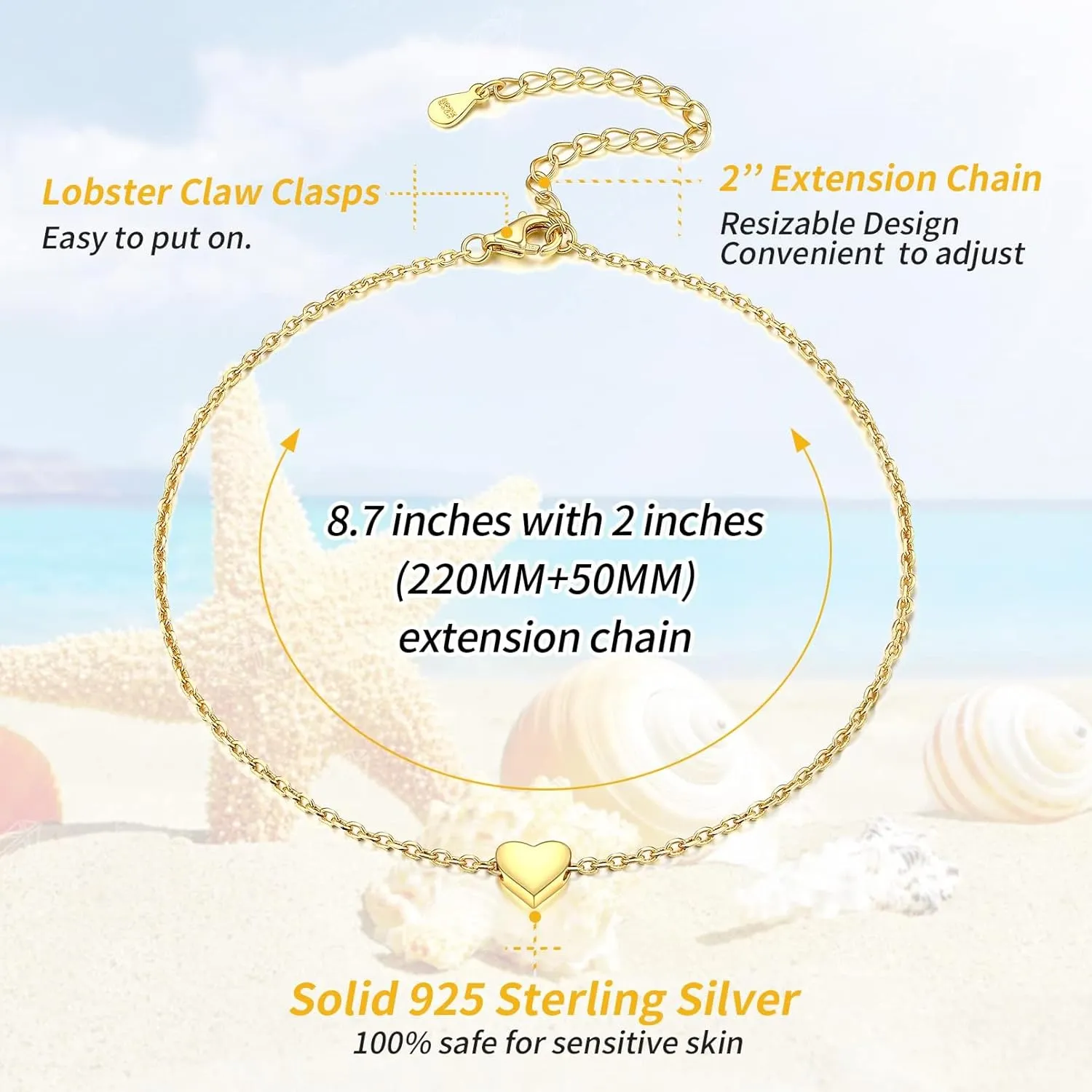 ChicSilver Personalized 925 Sterling Silver Tiny Heart/Moon/Star/Sun/Dot/Triangle Anklets Simple Dainty Foot Jewelry for Women, Silver/Gold/Rose Gold(with Gift Box)