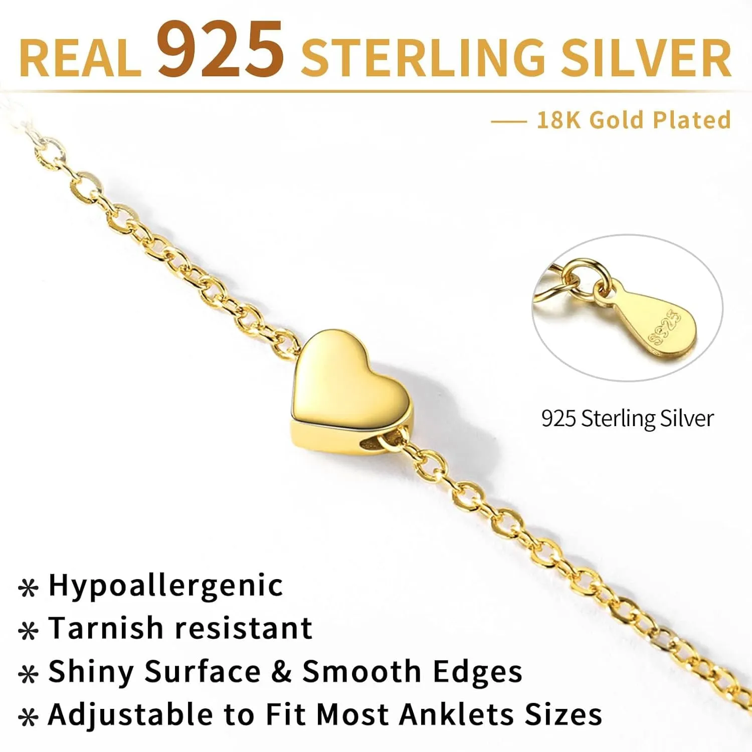 ChicSilver Personalized 925 Sterling Silver Tiny Heart/Moon/Star/Sun/Dot/Triangle Anklets Simple Dainty Foot Jewelry for Women, Silver/Gold/Rose Gold(with Gift Box)