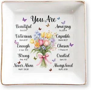 Christian Bible Verse Jewelry Dish Gift for Women, Christian Women 4" Ceramic Jewelry Tray, Mother's Day Gifts for Mom/ Grandma, Confirmation Gifts for Teen Girls, Graduation Gifts for Daughter