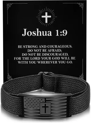 Christian Cross Bracelet for Men American Flag Engarved Bible Verse Inspirational Black Elastic Strap Adjustable Bracelets Jesus Christian Birthday Graduation Gifts for Him