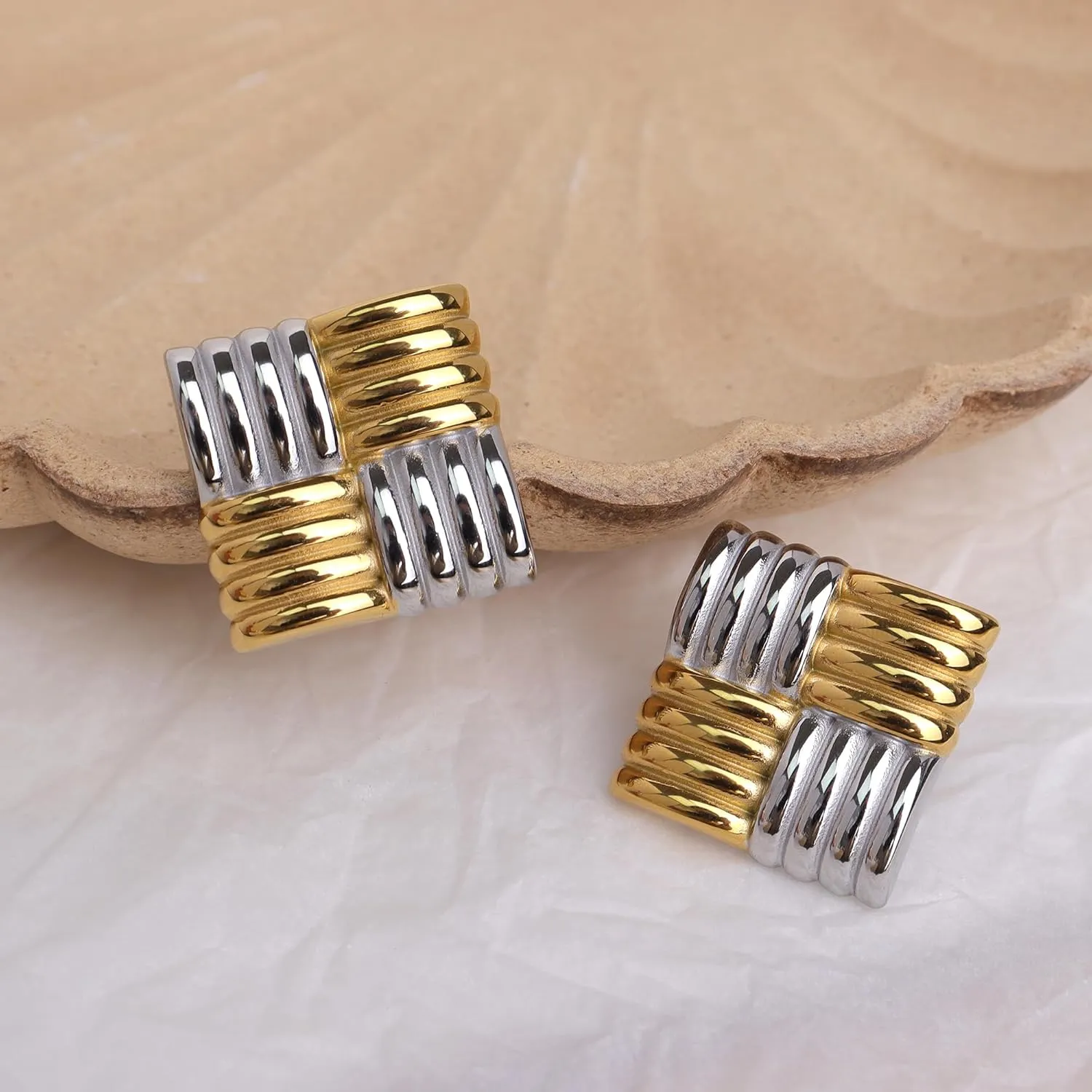 Chunky Big Square Geometric Stud Earrings for Women, Trendy Large Statement Vintage Textured Dome Metal Earring Dupes Fashion Jewelry Gift