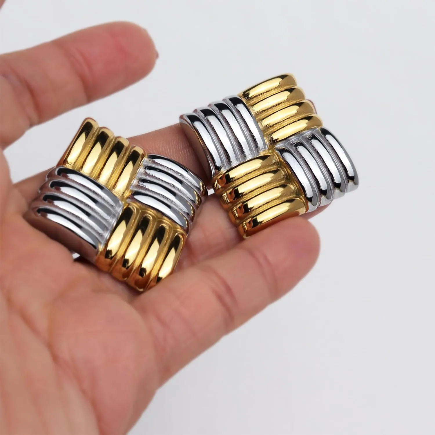 Chunky Big Square Geometric Stud Earrings for Women, Trendy Large Statement Vintage Textured Dome Metal Earring Dupes Fashion Jewelry Gift