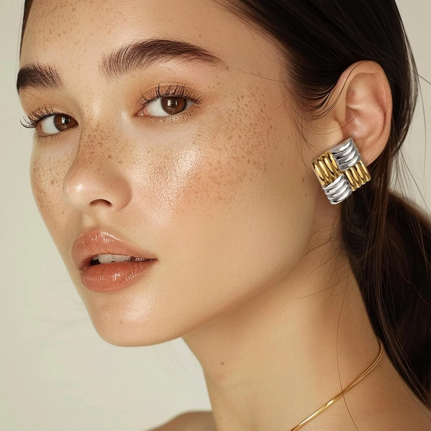 Chunky Big Square Geometric Stud Earrings for Women, Trendy Large Statement Vintage Textured Dome Metal Earring Dupes Fashion Jewelry Gift