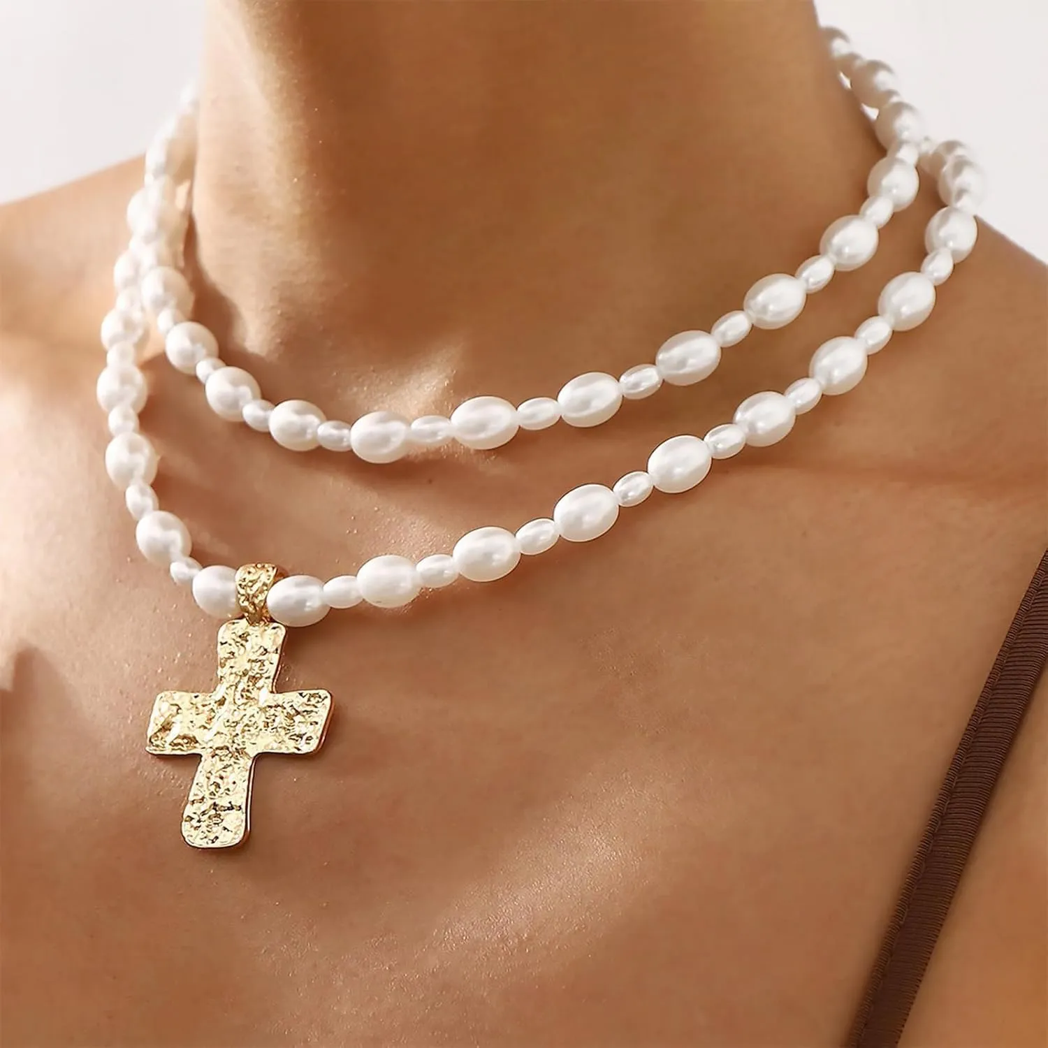 Chunky Cross Necklace for Women Chunky Gold Statement Necklace Layered Pearl Cross Necklaces Jewelry Gifts