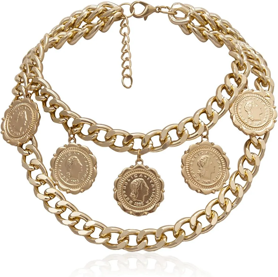 Chunky Gold Necklace for Women Trendy Layered Necklaces Vintage Multi-Layered Queen Head Love Coin Cross Necklace 80's Hip Hop Cuban Chain Necklace Pirate Jewelry Prom Costume Accessories