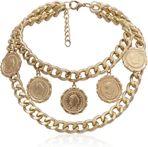 Chunky Gold Necklace for Women Trendy Layered Necklaces Vintage Multi-Layered Queen Head Love Coin Cross Necklace 80's Hip Hop Cuban Chain Necklace Pirate Jewelry Prom Costume Accessories