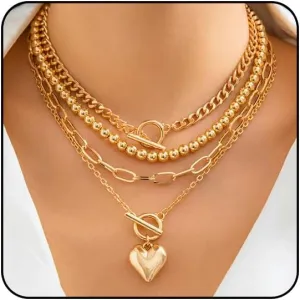 Chunky Gold Necklace Stack for Women Layered Necklaces for Women Silver Chunky Necklace Paperclip Chain Cross Beaded Ball OT Toggle Heart Pendant Necklace Chunky Gold Jewelry Set