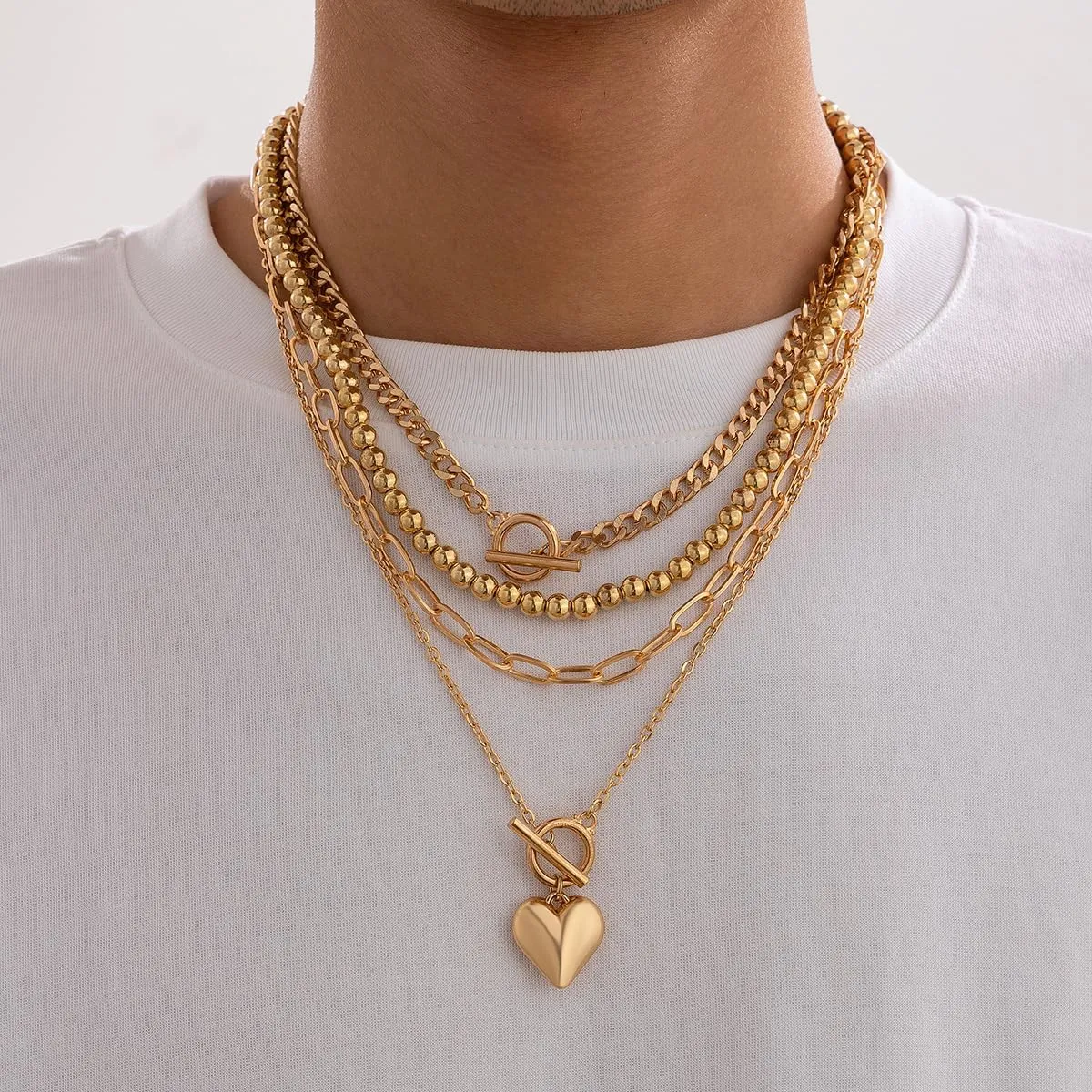 Chunky Gold Necklace Stack for Women Layered Necklaces for Women Silver Chunky Necklace Paperclip Chain Cross Beaded Ball OT Toggle Heart Pendant Necklace Chunky Gold Jewelry Set