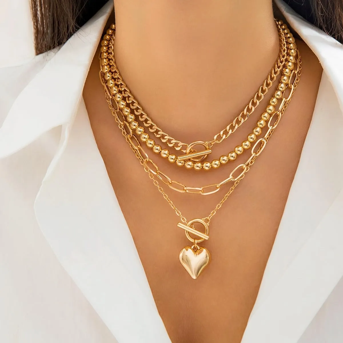 Chunky Gold Necklace Stack for Women Layered Necklaces for Women Silver Chunky Necklace Paperclip Chain Cross Beaded Ball OT Toggle Heart Pendant Necklace Chunky Gold Jewelry Set