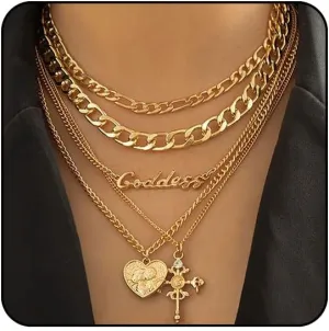 Chunky Gold Necklace Stack Layered Gold Necklaces for Women Non Tarnish Silver Statement Necklace Paperclip Chain Necklace Set Layering Big Heart Coin Cross Necklace Chunky Jewelry