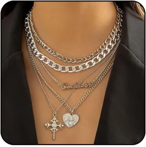 Chunky Gold Necklace Stack Layered Gold Necklaces for Women Non Tarnish Silver Statement Necklace Paperclip Chain Necklace Set Layering Big Heart Coin Cross Necklace Chunky Jewelry