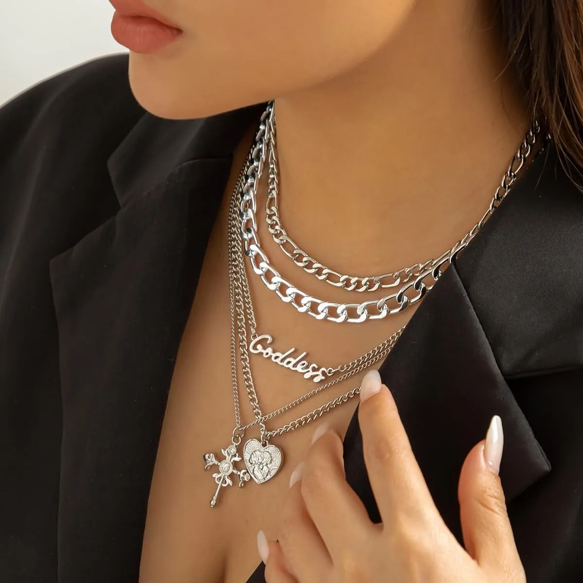 Chunky Gold Necklace Stack Layered Gold Necklaces for Women Non Tarnish Silver Statement Necklace Paperclip Chain Necklace Set Layering Big Heart Coin Cross Necklace Chunky Jewelry