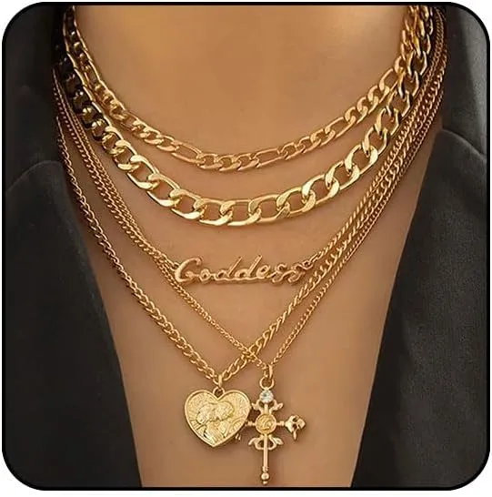 Chunky Gold Necklace Stack Layered Gold Necklaces for Women Non Tarnish Silver Statement Necklace Paperclip Chain Necklace Set Layering Big Heart Coin Cross Necklace Chunky Jewelry