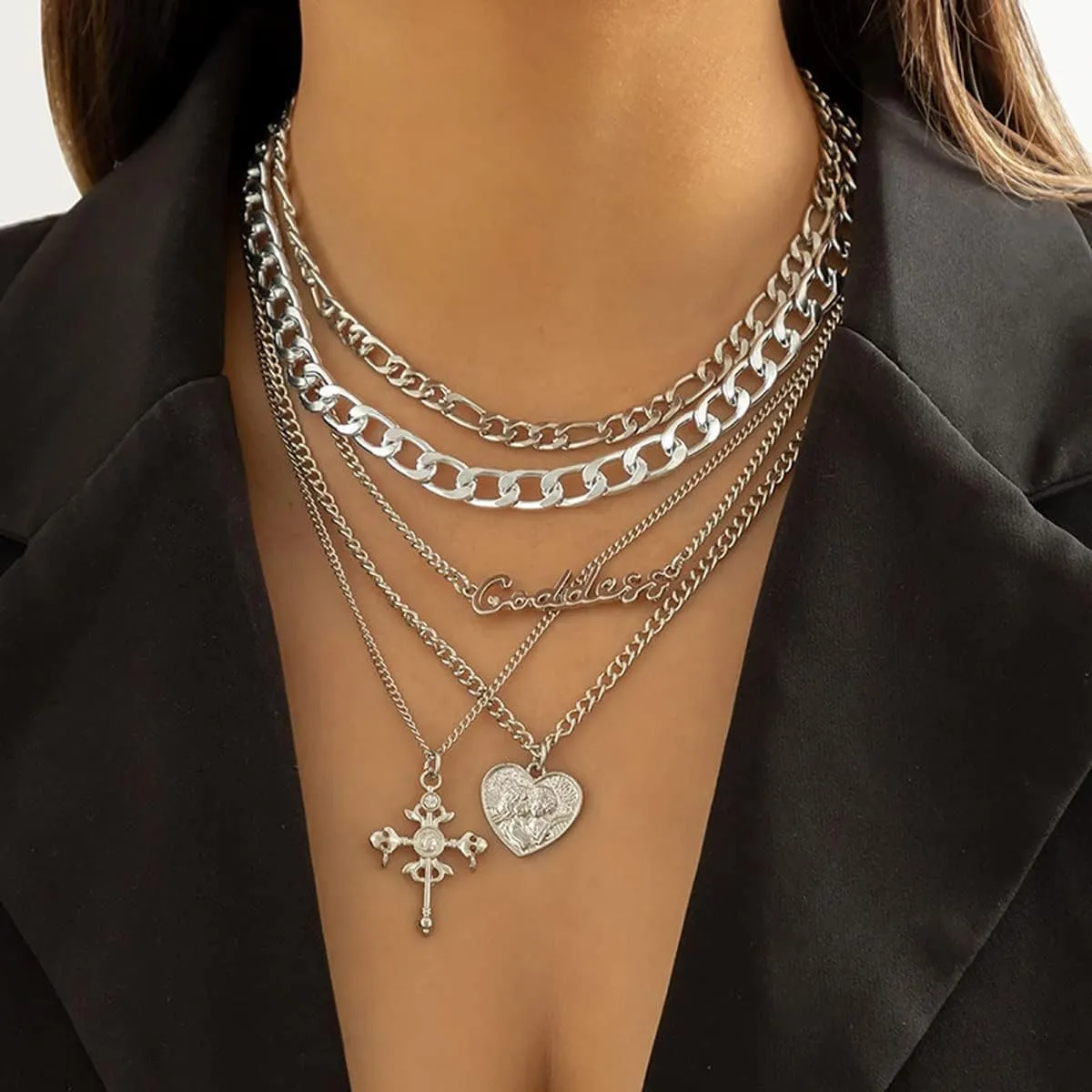 Chunky Gold Necklace Stack Layered Gold Necklaces for Women Non Tarnish Silver Statement Necklace Paperclip Chain Necklace Set Layering Big Heart Coin Cross Necklace Chunky Jewelry