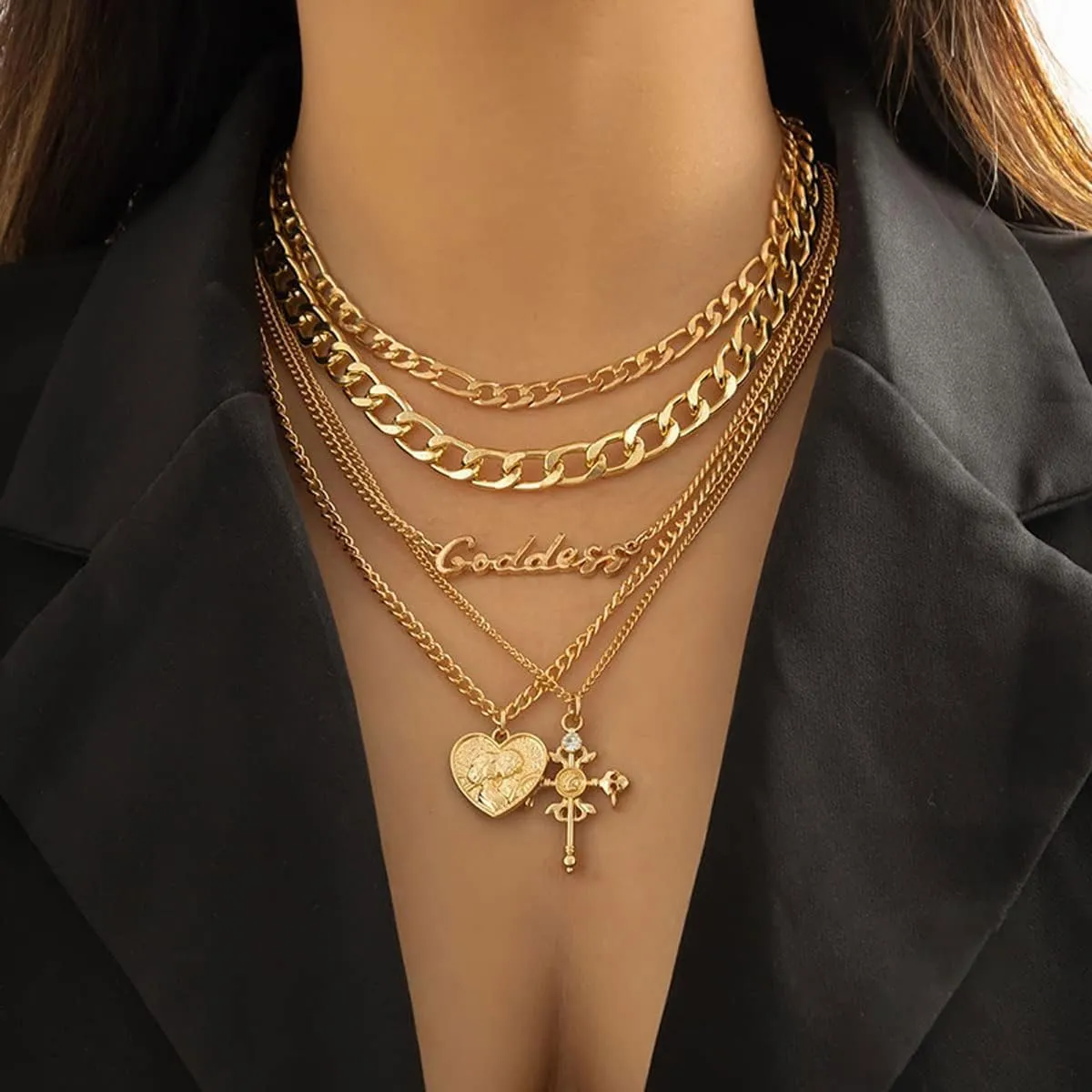Chunky Gold Necklace Stack Layered Gold Necklaces for Women Non Tarnish Silver Statement Necklace Paperclip Chain Necklace Set Layering Big Heart Coin Cross Necklace Chunky Jewelry