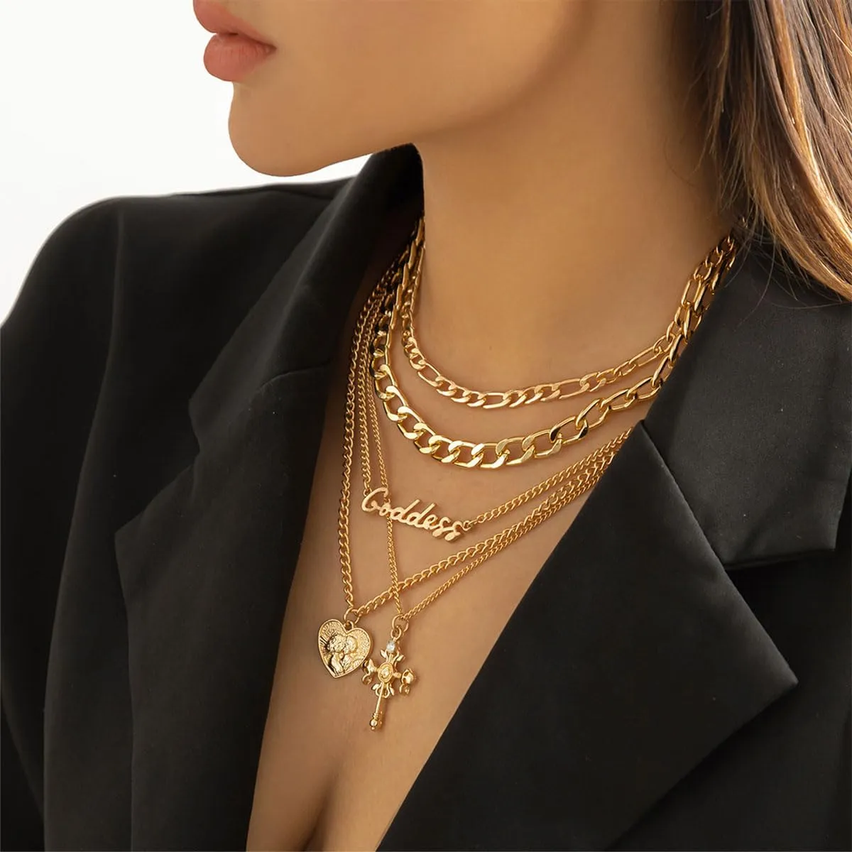 Chunky Gold Necklace Stack Layered Gold Necklaces for Women Non Tarnish Silver Statement Necklace Paperclip Chain Necklace Set Layering Big Heart Coin Cross Necklace Chunky Jewelry