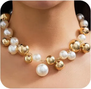 Chunky Gold Pearls Choker Necklace for Women Dainty Large White Fake Pearl Statement Necklaces Trendy Big Geometric Round Balls Jewelry Gifts