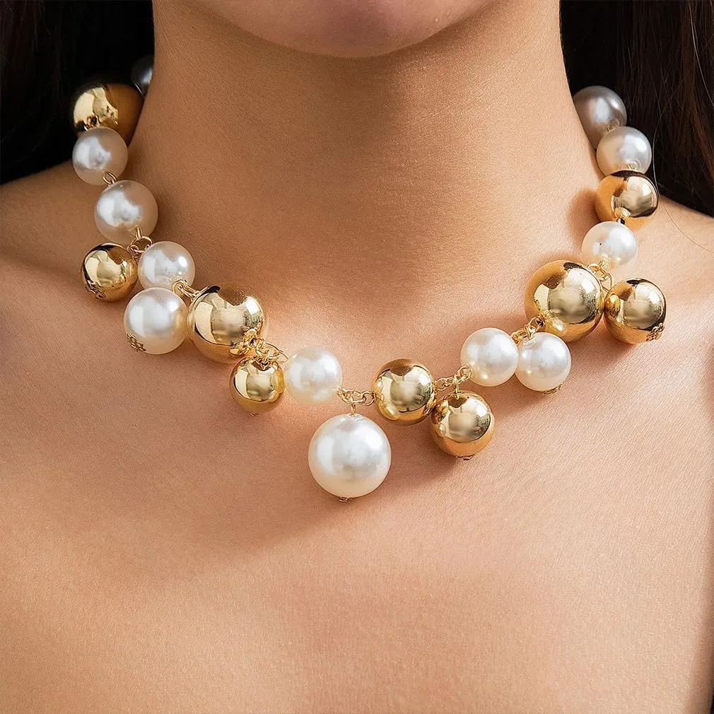 Chunky Gold Pearls Choker Necklace for Women Dainty Large White Fake Pearl Statement Necklaces Trendy Big Geometric Round Balls Jewelry Gifts