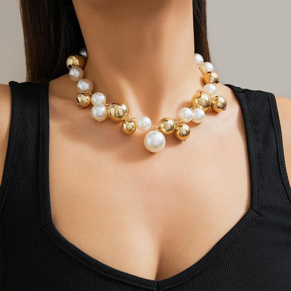 Chunky Gold Pearls Choker Necklace for Women Dainty Large White Fake Pearl Statement Necklaces Trendy Big Geometric Round Balls Jewelry Gifts