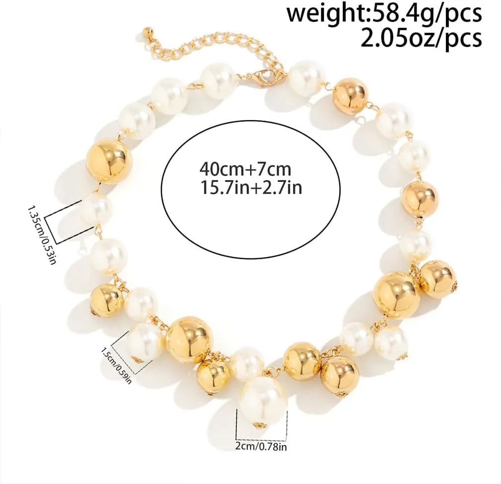 Chunky Gold Pearls Choker Necklace for Women Dainty Large White Fake Pearl Statement Necklaces Trendy Big Geometric Round Balls Jewelry Gifts