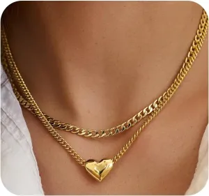 Chunky Heart Necklace for Women Non Tarnish Gold Love Choker Pendant Necklace Trendy Heart Double Layered Waterproof Necklaces for Women Charm Jewelry