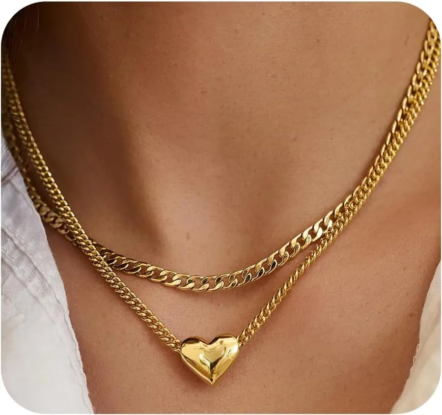 Chunky Heart Necklace for Women Non Tarnish Gold Love Choker Pendant Necklace Trendy Heart Double Layered Waterproof Necklaces for Women Charm Jewelry